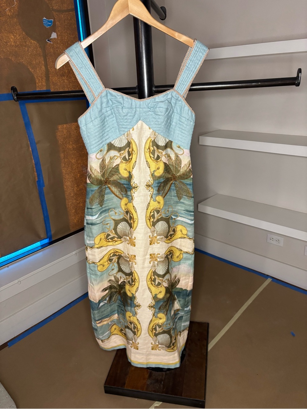 FARM Rio Blue and Yellow Tropical Midi Dress